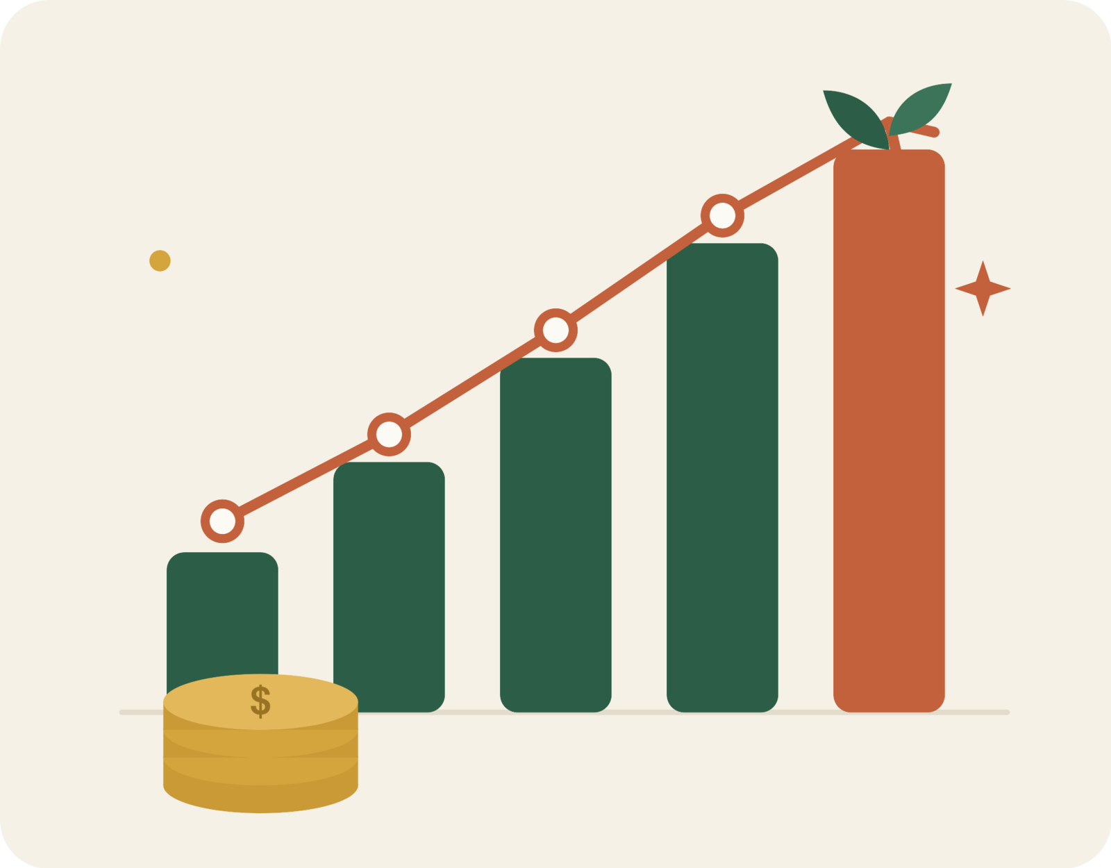 Rising bars with a coin stack and an upward trend line, illustrating growing money over time